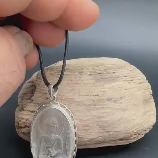 Medicine Buddha pendent, master handcrafted natural quartz crystal with sterling silver