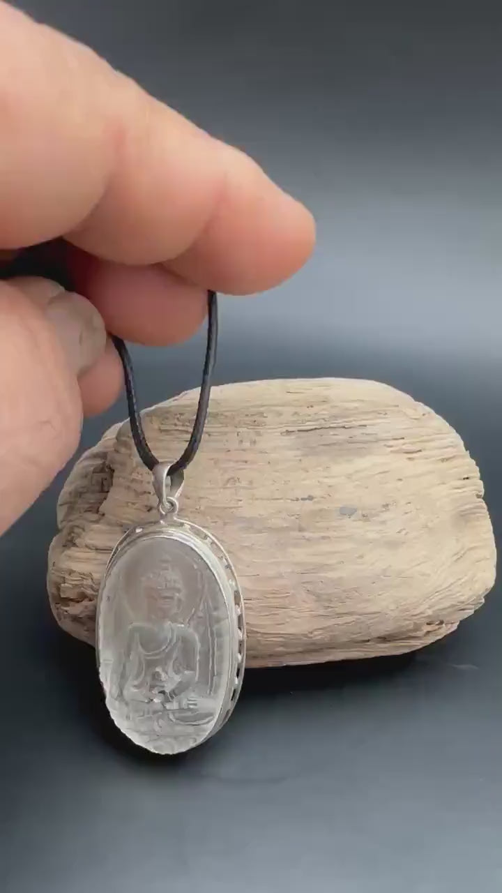 Medicine Buddha pendent, master handcrafted natural quartz crystal with sterling silver