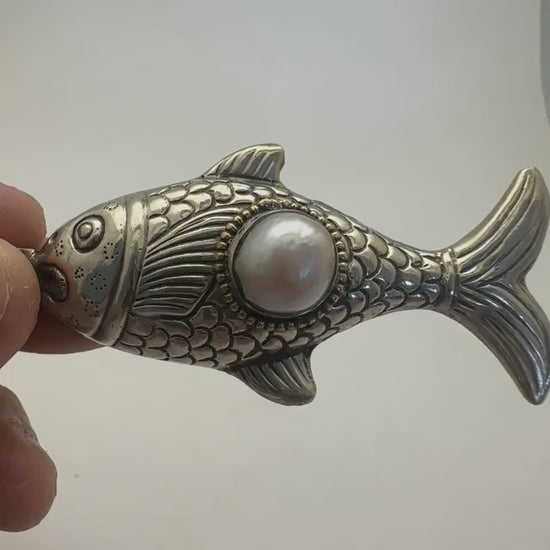 Handcrafted ,Tibetan Silver fish pendant with pearl, pearl koi charm, pisces gift,3 inchX1.35 inch