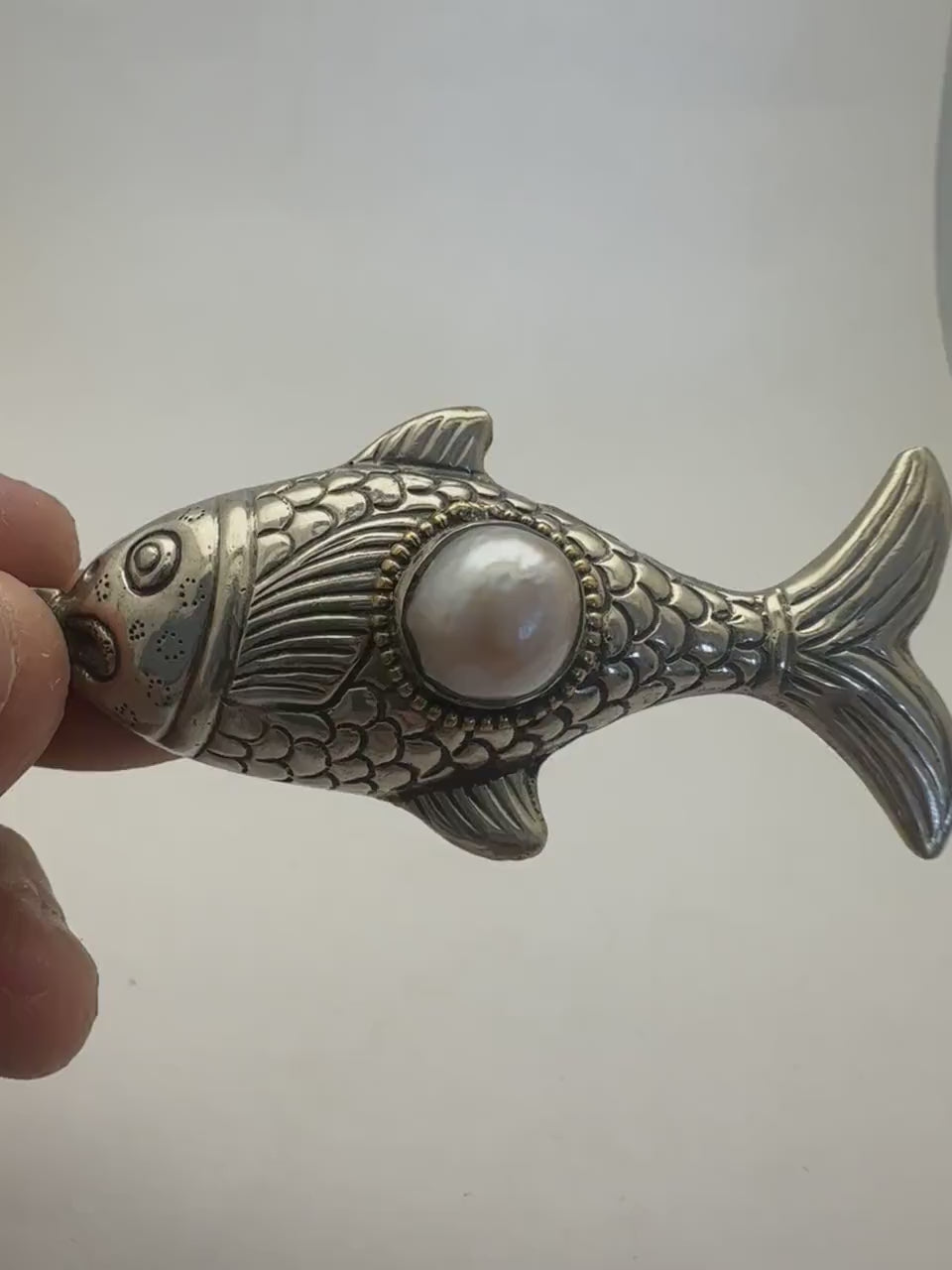 Handcrafted ,Tibetan Silver fish pendant with pearl, pearl koi charm, pisces gift,3 inchX1.35 inch