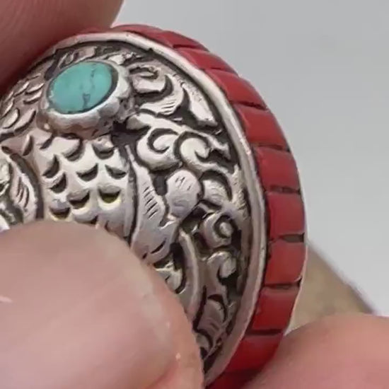 Tibetan beads, sterling silver bead, inlaid turquoise and coral, all natural