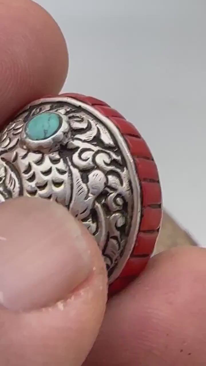 Tibetan beads, sterling silver bead, inlaid turquoise and coral, all natural