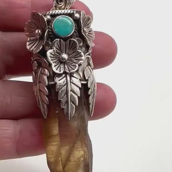 smoky quartz point pendant, turquoise,handcrafted,tibetan silver,69mmX17mm