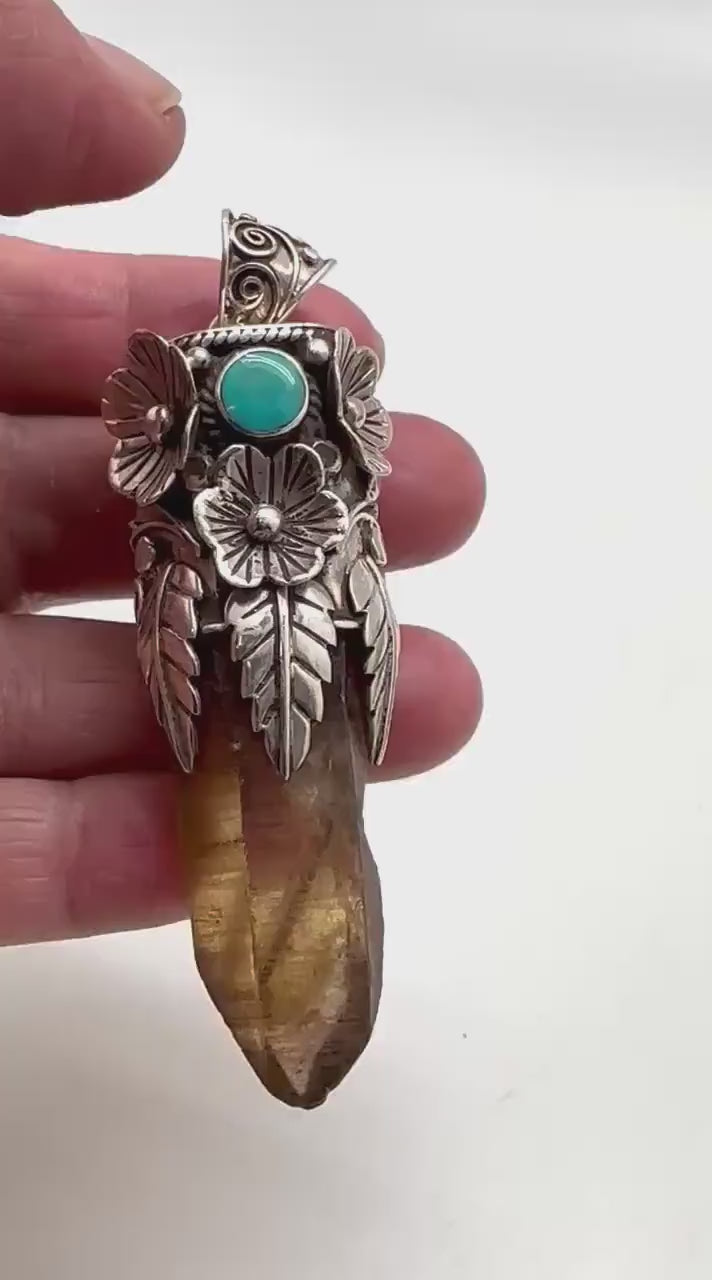 smoky quartz point pendant, turquoise,handcrafted,tibetan silver,69mmX17mm