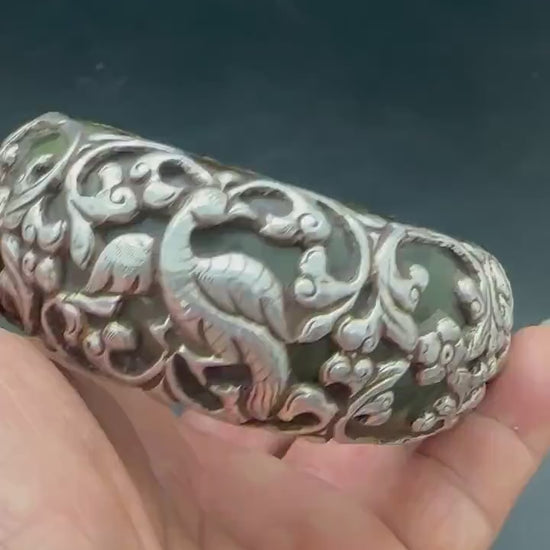 Tibetan bangle, sterling silver, animal design, resine  core , master handcrafted tribal ethnic jewelry