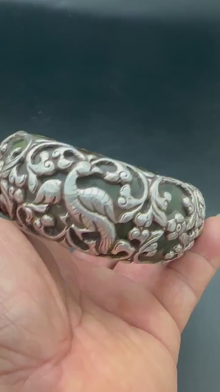Tibetan bangle, sterling silver, animal design, resine  core , master handcrafted tribal ethnic jewelry