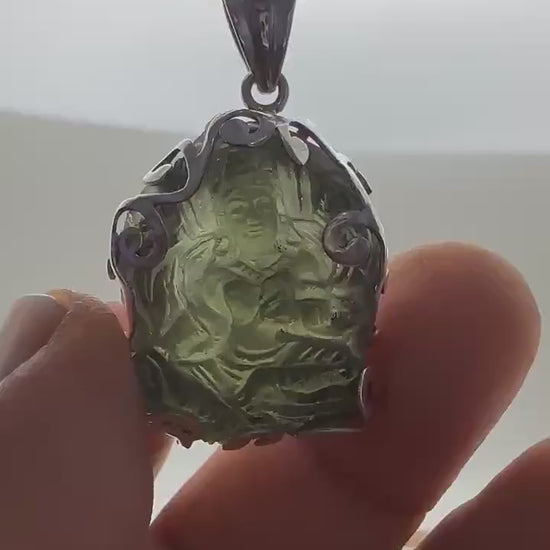 Moldevite green tara, master handcrafted with sterling silver, natural moldebite
