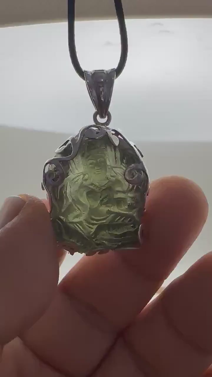 Moldevite green tara, master handcrafted with sterling silver, natural moldebite