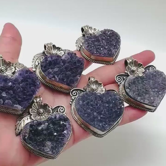 Amethyst Druzy Heart Pendant: Handcrafted Tibetan Silver Floral Design