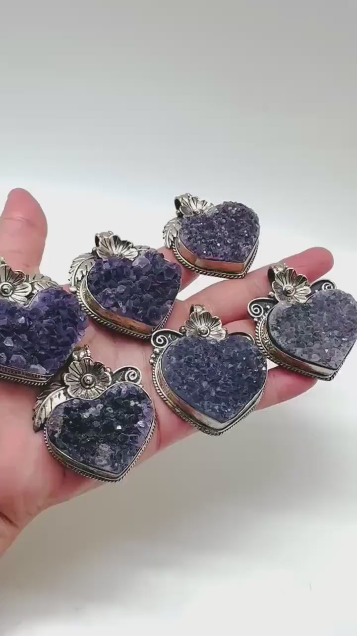 Amethyst Druzy Heart Pendant: Handcrafted Tibetan Silver Floral Design