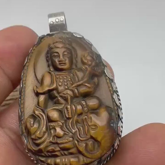 Handcarved tiger eye pendent , quan yin buddha , Kwan Yin Pendant, Tibetan Silver Bodhisattva,55mmX30mm