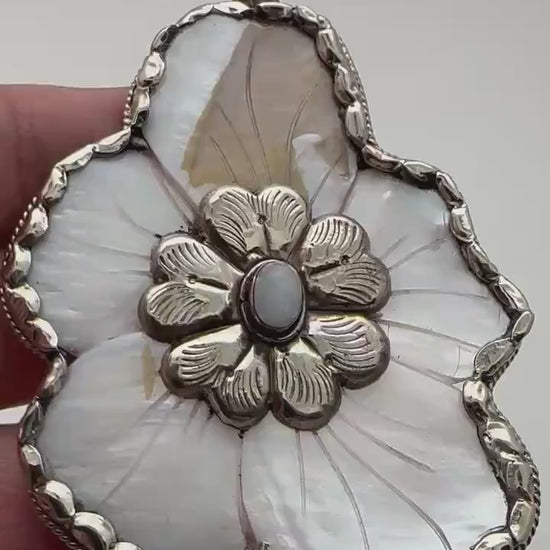 Abolone flower pendant,moonstone,lapis,labradorite,turquoise Tibetan silver, handcrafted,Nepalese