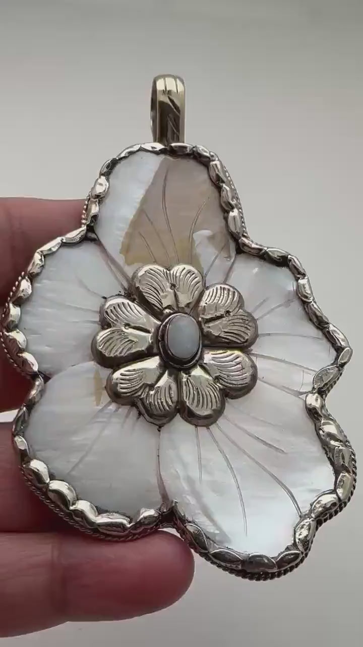 Abolone flower pendant,moonstone,lapis,labradorite,turquoise Tibetan silver, handcrafted,Nepalese