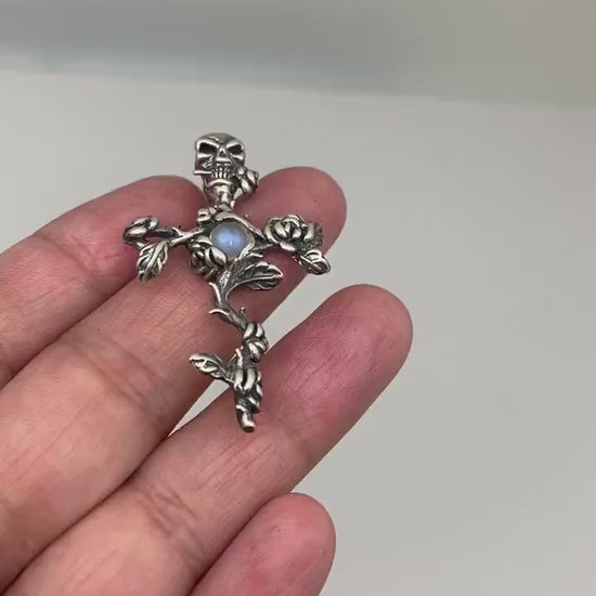 skeleton and rose pendant, sterling silver, skull, rainbow moonstone,flower pendant,floral design.