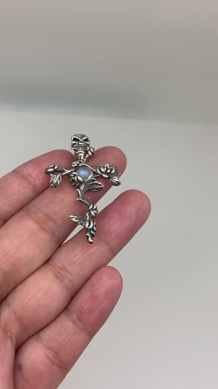 skeleton and rose pendant, sterling silver, skull, rainbow moonstone,flower pendant,floral design.