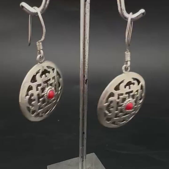 Tibetan earring, 925 sterling silver, mandala design with coral