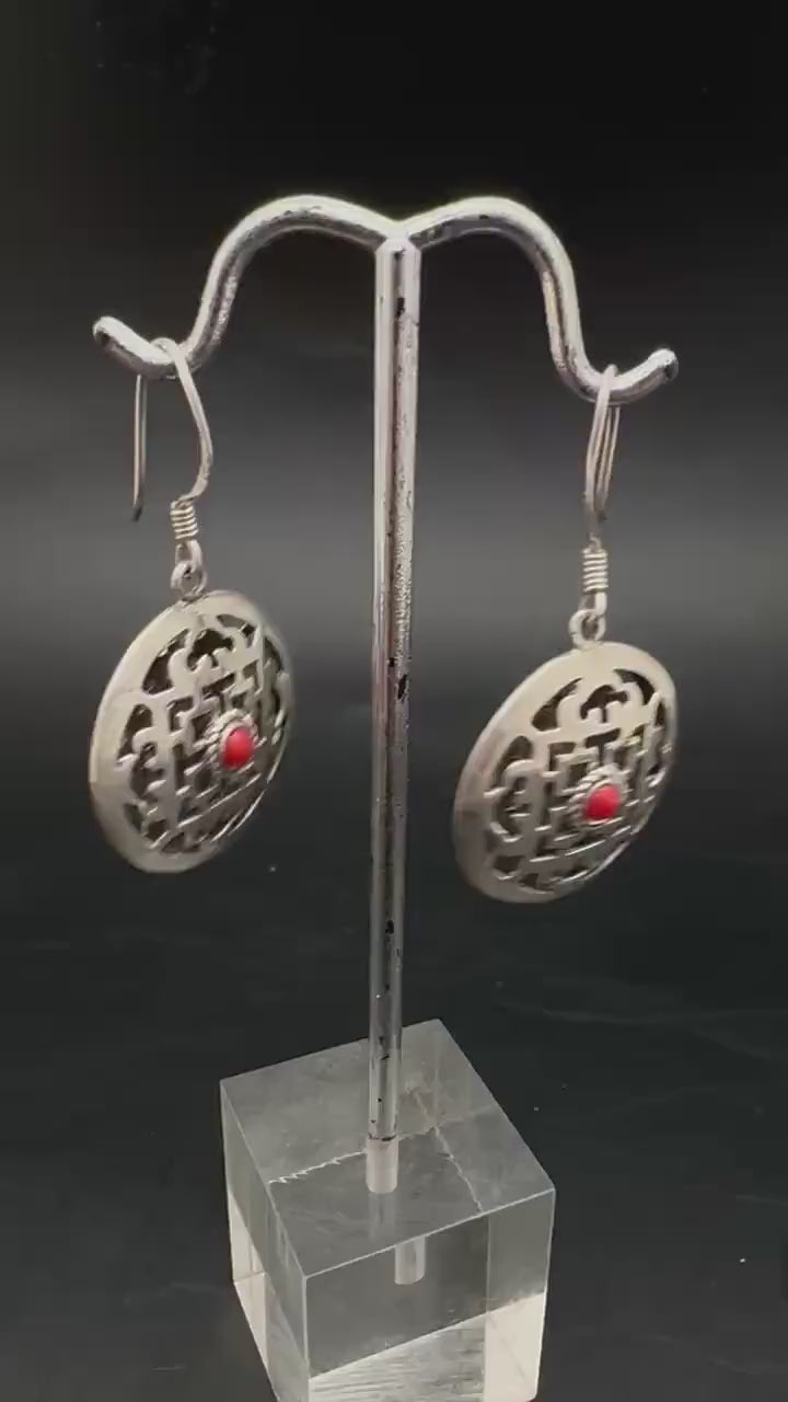 Tibetan earring, 925 sterling silver, mandala design with coral